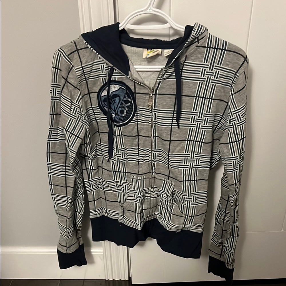ROXY Gray & Black Plaid zip up hoodie